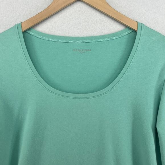 EILEEN FISHER Top L Stretch Organic Cotton Scoop Neck 3/4 Sleeve Green USA - Picture 3 of 13